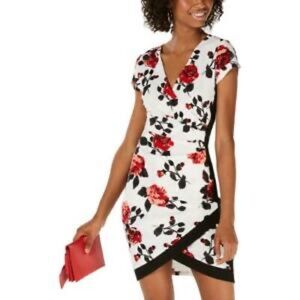 NWT Floral Print Wrap Asymmetrical Hem Mini Dress | Almost Famous Macy’s Bodycon